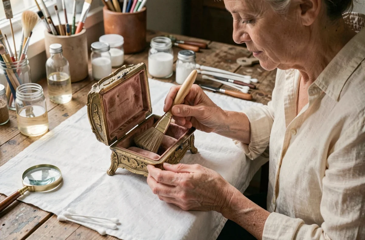 Femme nettoyant délicatement une boîte à bijoux vintage ornée avec un pinceau doux sur un établi en bois