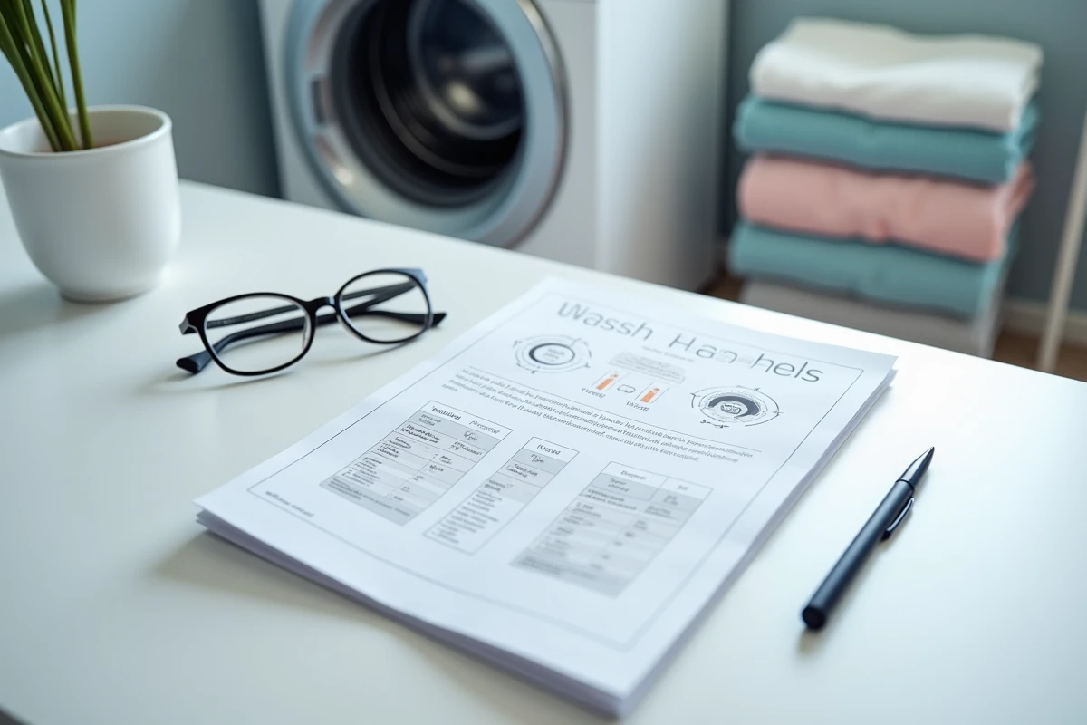 Notice technique ouverte du lave-linge Whirlpool 6th Sense posée sur un plan de travail avec lunettes et stylo