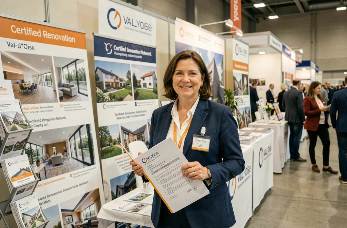 Représentante du réseau Obat présentant des entreprises certifiées en rénovation du Val-d'Oise lors d'un salon professionnel