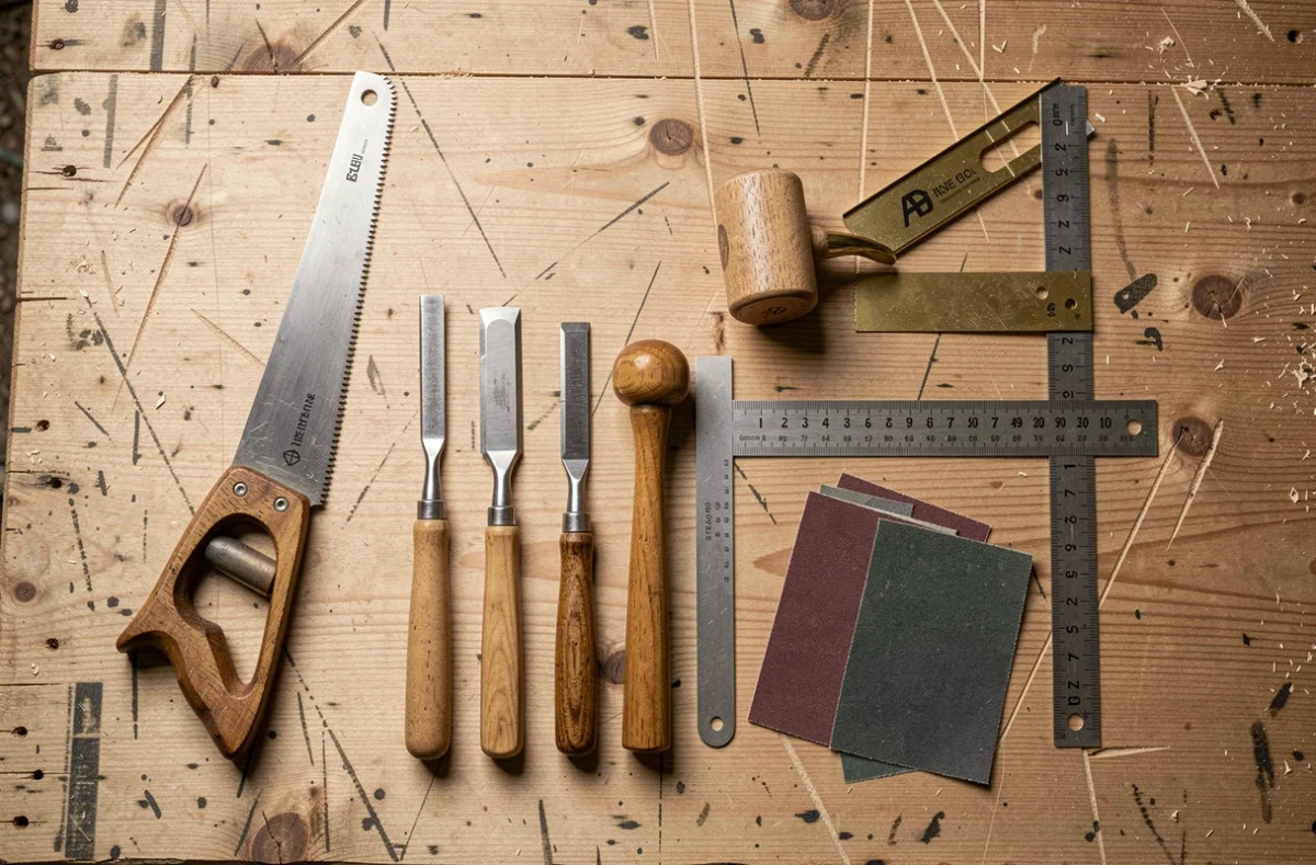 Vue aérienne des outils essentiels pour débutant en menuiserie disposés sur un établi en pin brut