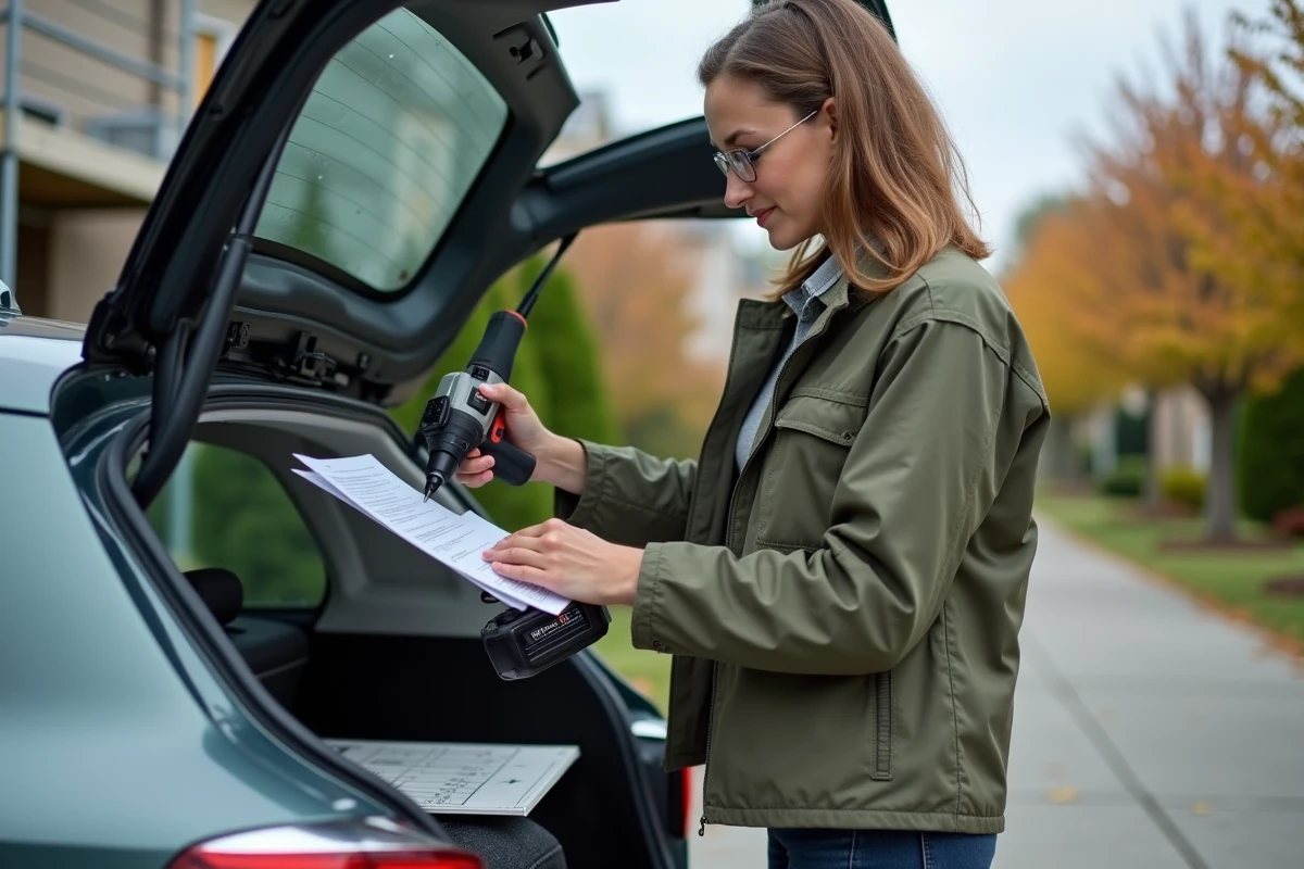 Femme chargeant des outils de location dans sa voiture devant une maison en travaux