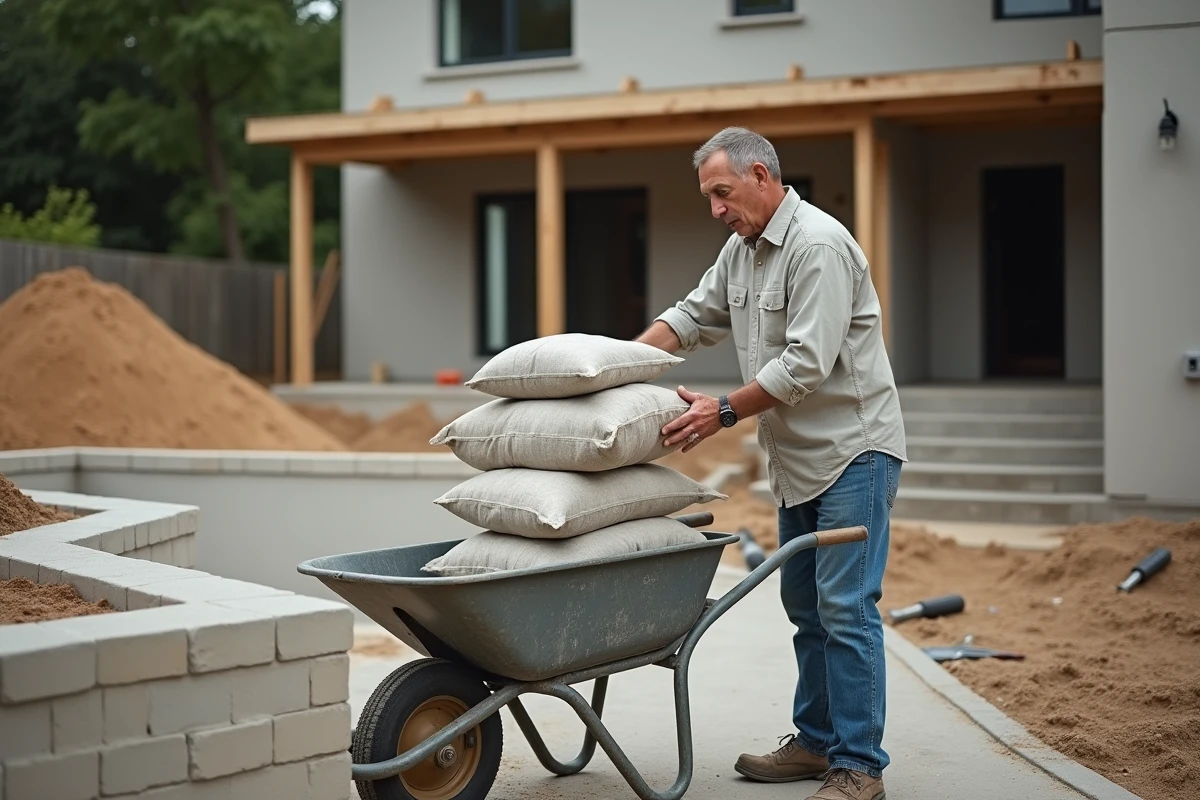 Ouvrier vérifiant des sacs de ciment sur un chantier