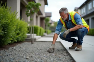 Ouvrier inspectant un béton exposé dans une cour résidentielle
