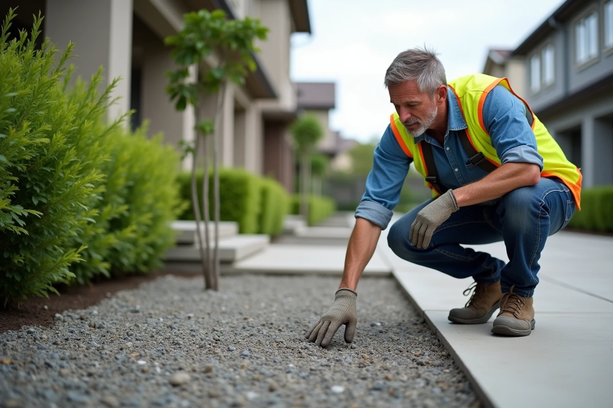 Ouvrier inspectant un béton exposé dans une cour résidentielle
