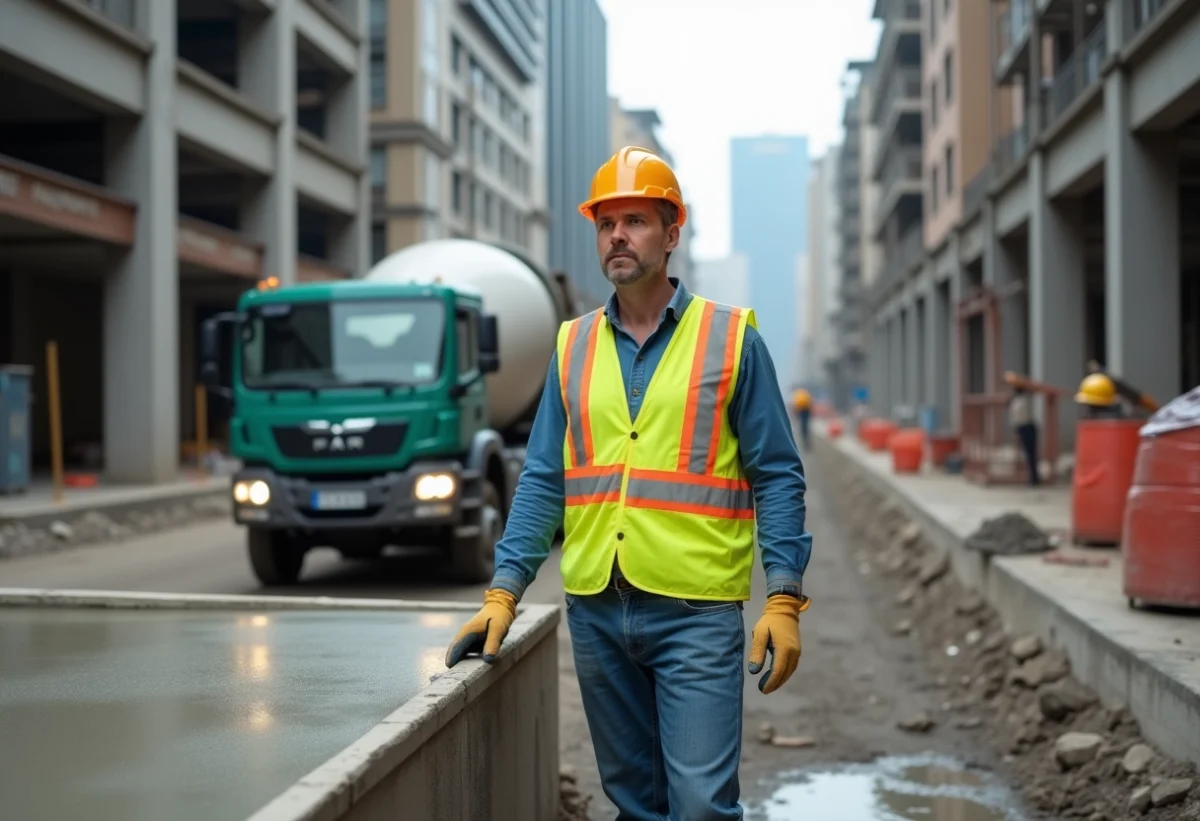 Ouvrier de construction en veston safety à côté d'une dalle de béton