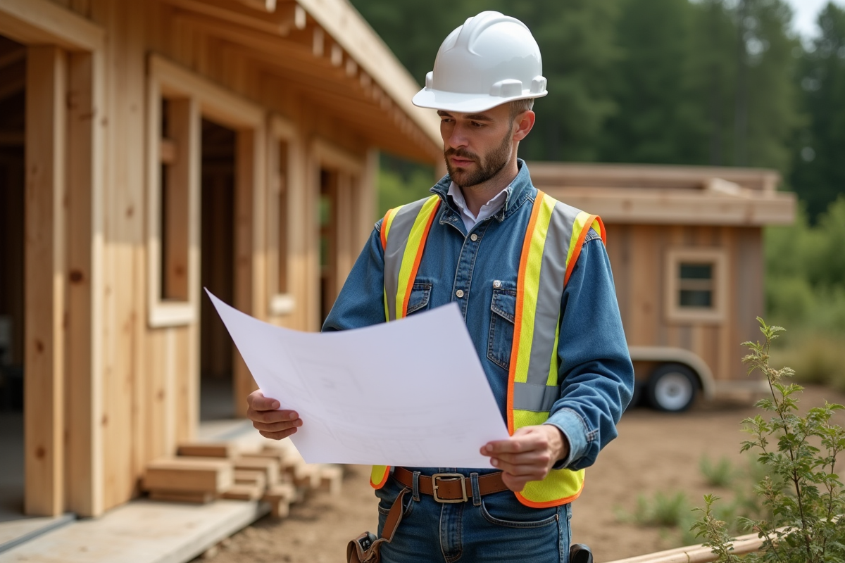 Ouvrier en vêtements recyclés examine plans écologiques