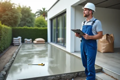 Ouvrier en tenue de chantier près d'une terrasse en béton fraîche