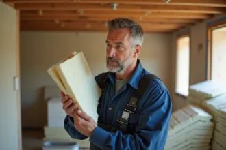 Ouvrier en overalls examinant une isolation écologique
