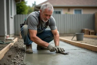 Ouvrier qui lisse une dalle béton fraîchement coulée dans un jardin résidentiel avec une taloche métallique