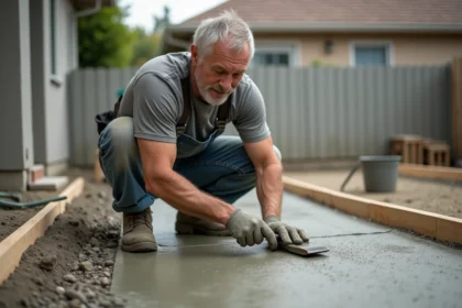 Ouvrier qui lisse une dalle béton fraîchement coulée dans un jardin résidentiel avec une taloche métallique