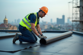 Ouvrier de chantier posant une membrane d'étanchéité noire sur un toit urbain