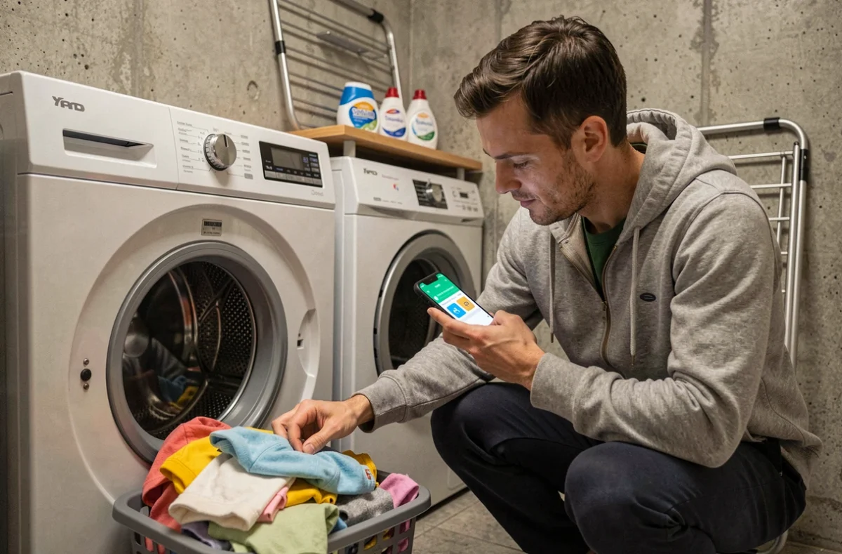 Papa pressé consultant une application de symboles lessive sur smartphone devant la machine à laver