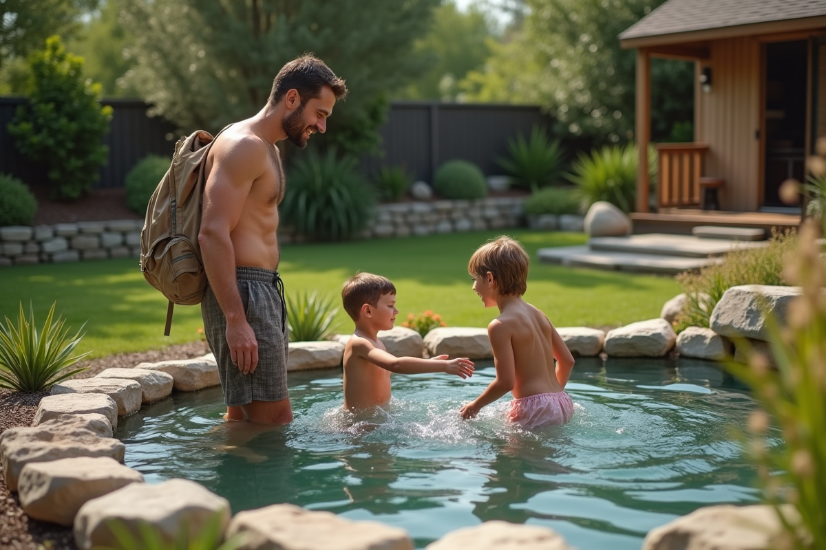 Père surveillant ses enfants dans une piscine écologique en jardin