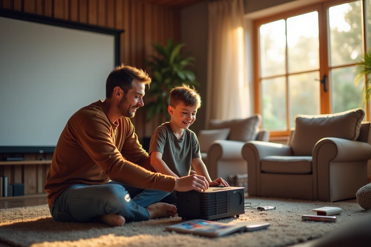 Père et fils construisant un home cinéma dans le salon