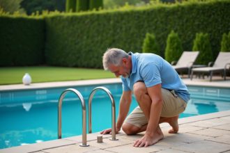 Pere en été verrouillant une barriere de securite piscine