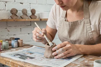 Femme appliquant de la peinture mate sur une sculpture en argile autodurcissante avec un pinceau plat dans un atelier créatif