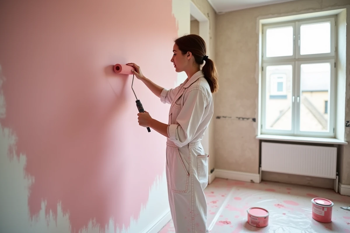 Personne en train de peindre un mur en rose intense dans une chambre en rénovation avec un rouleau de peinture