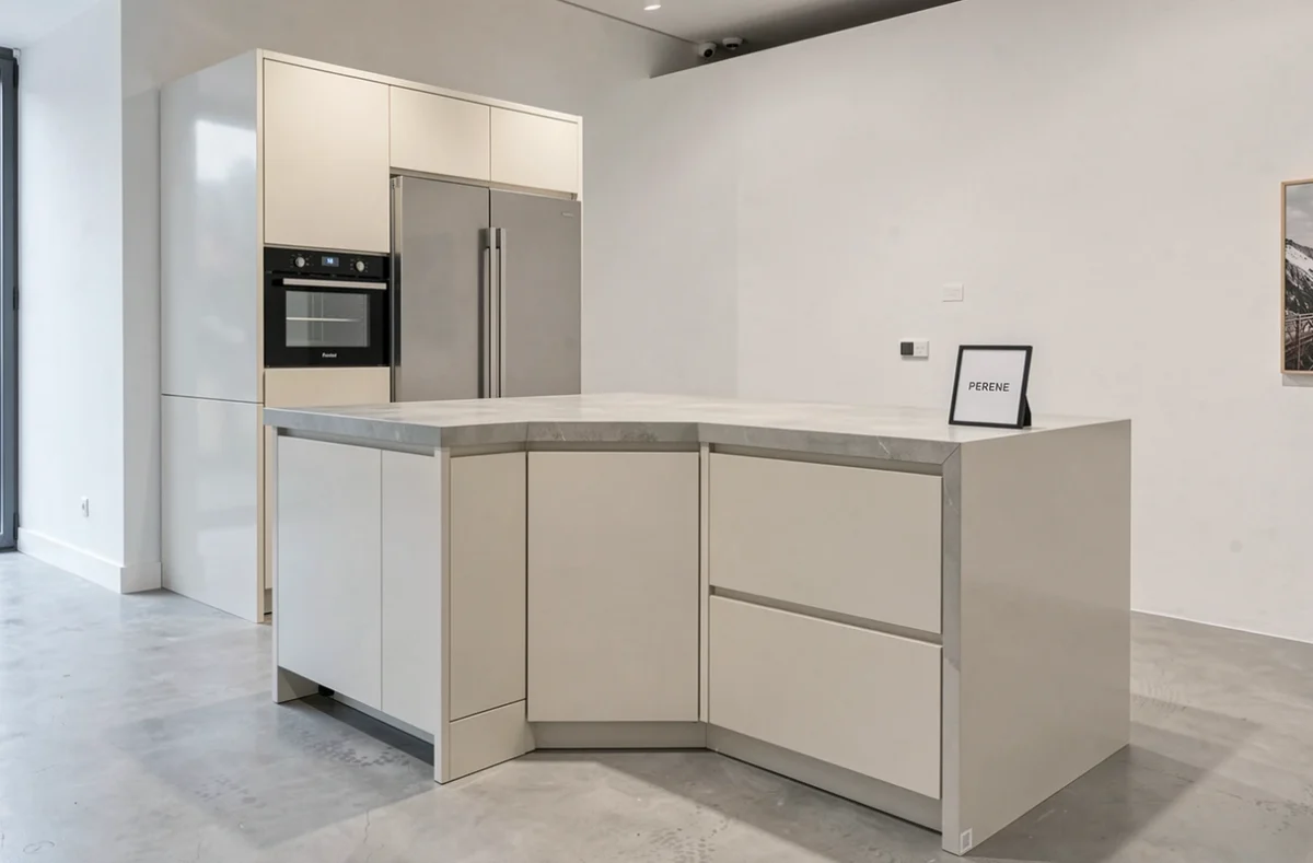 Cuisine Perene exposée à Annecy avec cabinetry laqué blanc cassé et plan de travail en pierre frittée gris clair