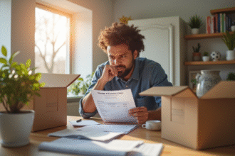 Personne pensant devant des cartons et facture de changement d'adresse