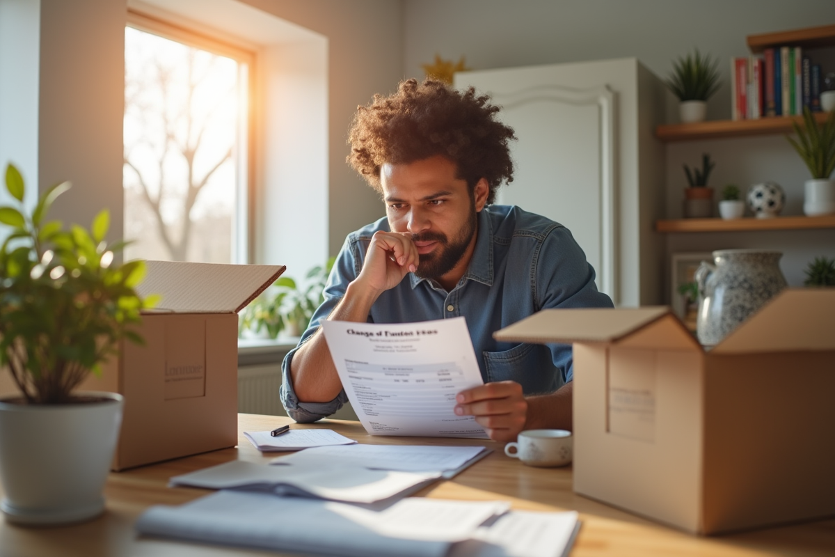 Personne pensant devant des cartons et facture de changement d'adresse