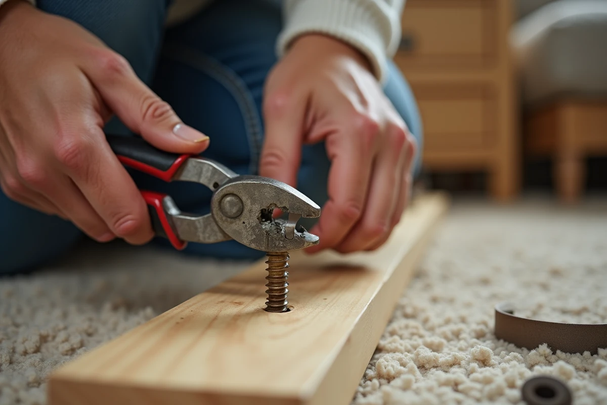 Gros plan de mains féminines utilisant une pince étau pour retirer une vis foirée d'un meuble en bois