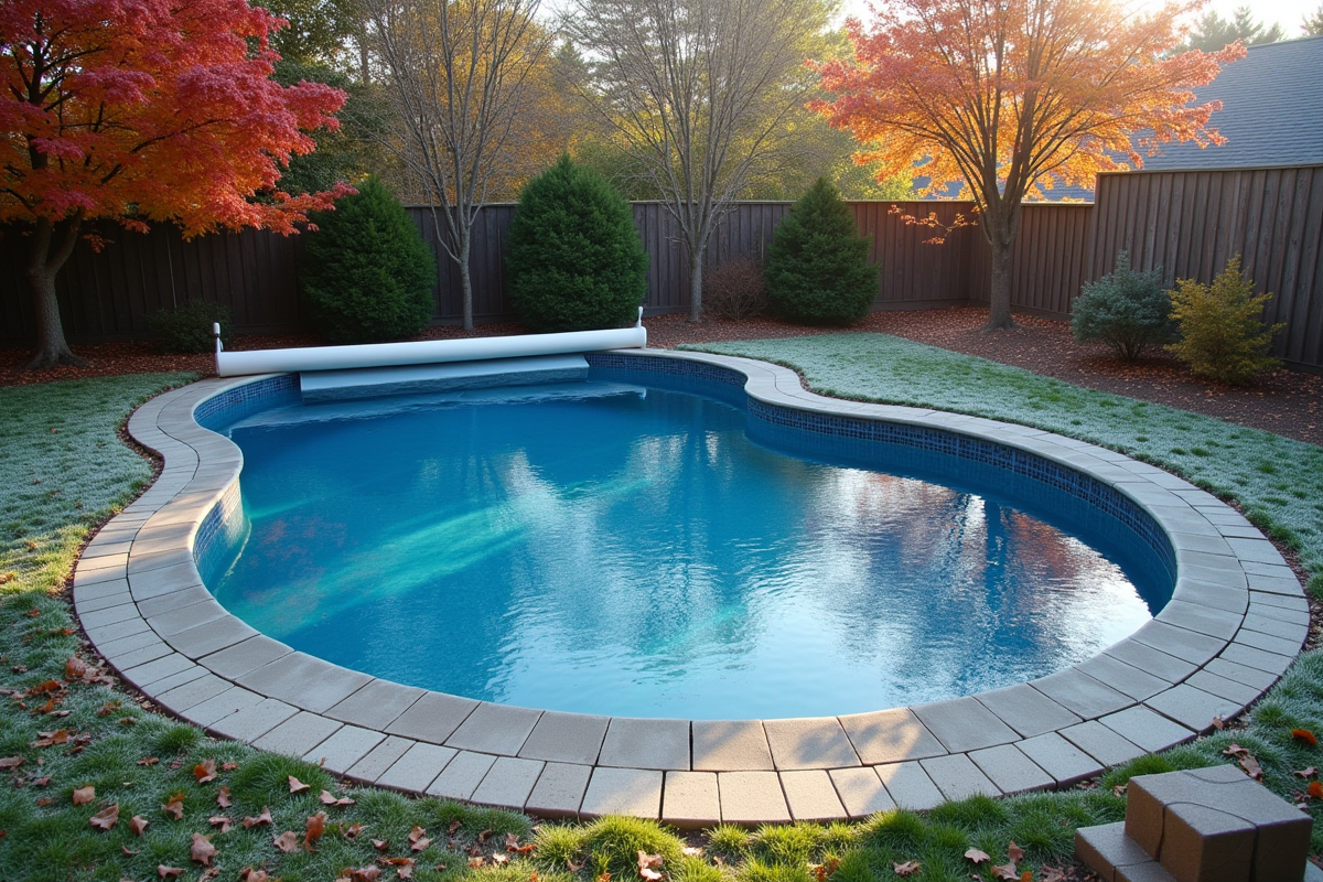 Piscine hors-sol en hiver avec eau claire et feuilles mortes
