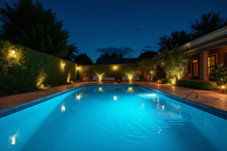 Piscine dans le jardin la nuit sous un ciel étoile