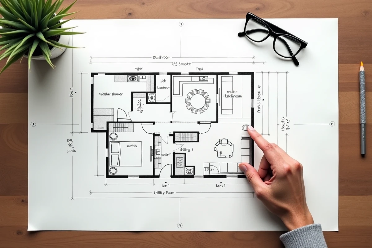 Plan architectural d'une maison en L de plain pied avec aménagements adaptés aux personnes âgées