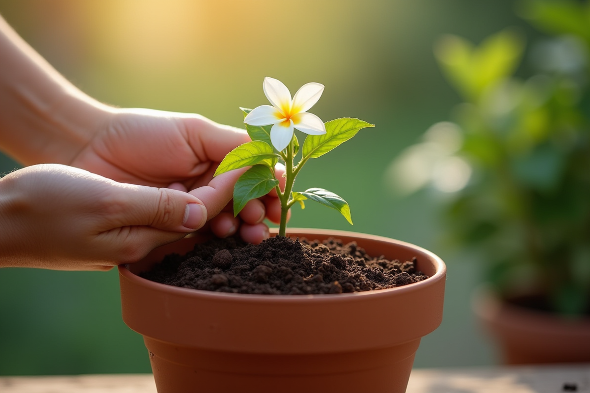 Main plantant un jasmin dans un pot en terre cuite au matin