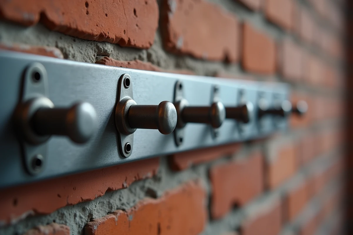 Gros plan sur un porte manteau mural en acier brossé style industriel avec crochets solides fixés sur mur en briques apparentes
