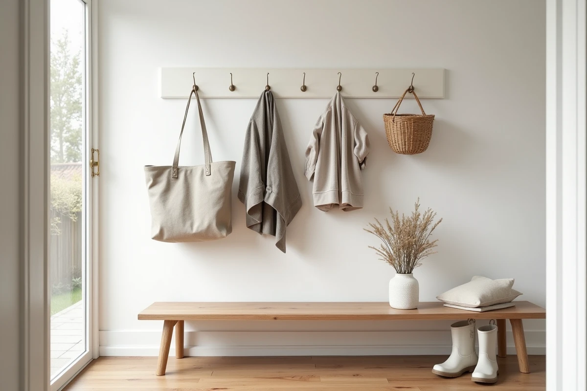 Porte manteau mural en métal blanc style scandinave dans une entrée de maison avec vestes et panier en osier accrochés