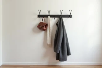 Porte manteau mural en métal noir mat dans une entrée d'appartement contemporain avec manteau et sac en cuir accrochés