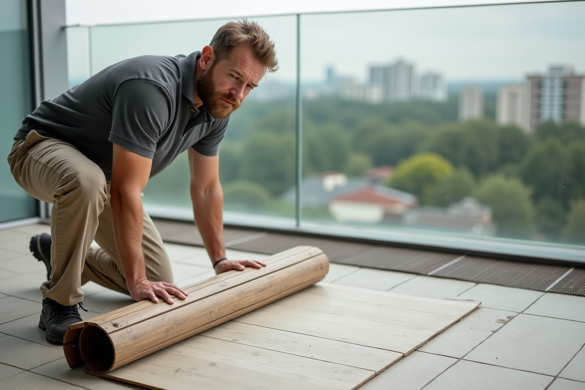 Homme posant un revêtement de terrasse sur un balcon