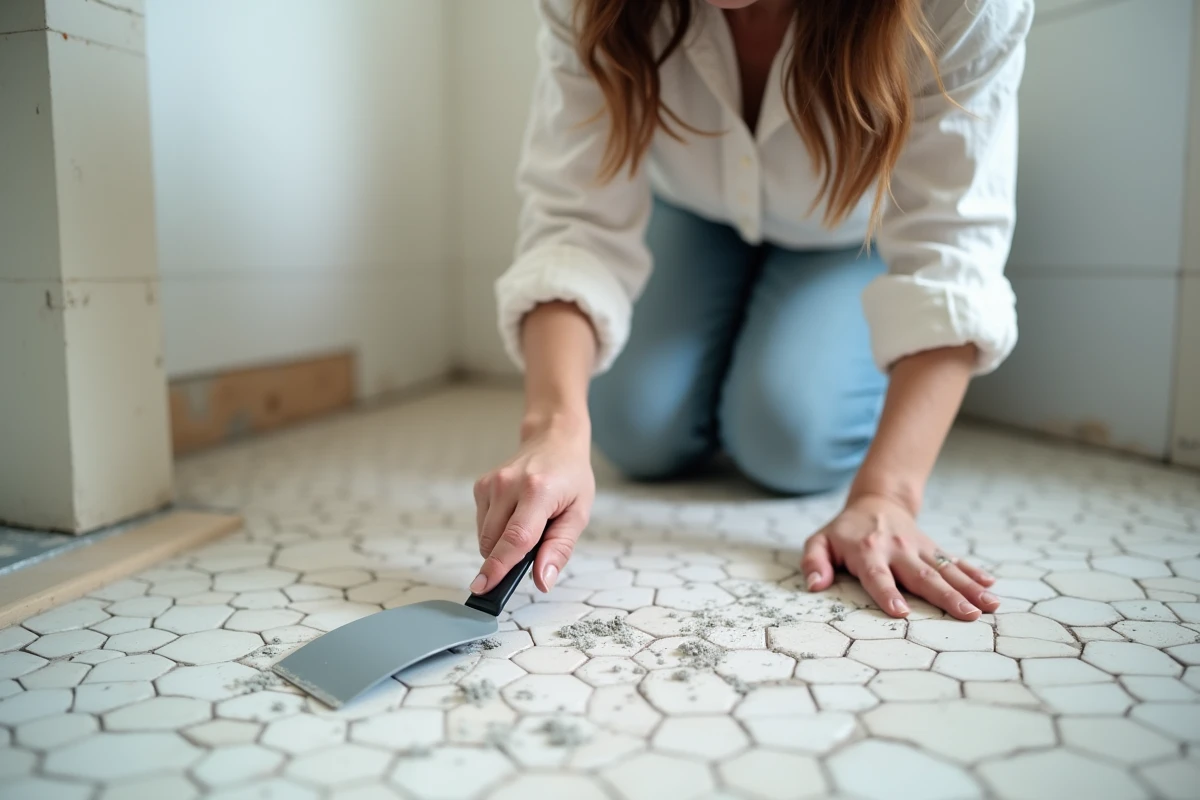 Femme en train de préparer un joint de carrelage de sol ancien en grattant l'ancien joint avant application d'un joint époxy