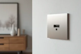 Prise TV murale design en aluminium brossé intégrée dans un mur en plâtre gris, salon scandinave moderne