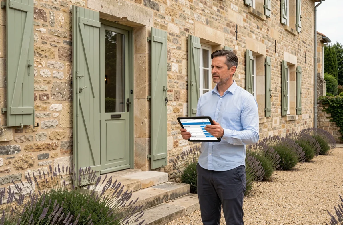 Propriétaire devant sa maison en pierre française consultant une comparaison d'assurances habitation sur tablette