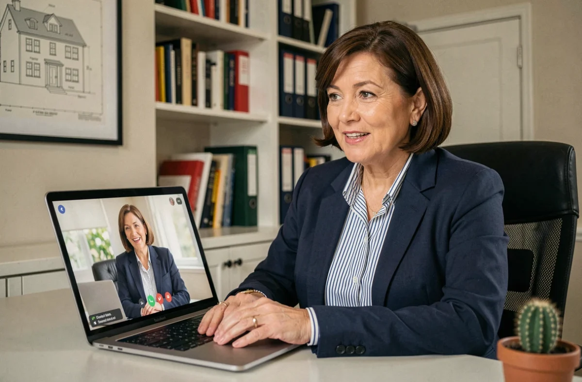 Propriétaire en téléconsultation avec un conseiller d'assurance habitation depuis son bureau à domicile