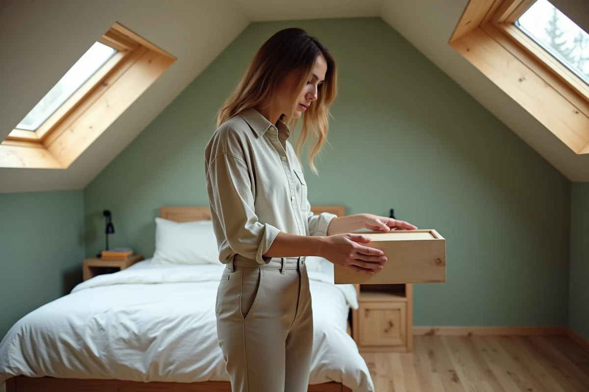 Femme utilisant un tiroir de rangement encastré sous les combles dans une chambre mansardée aménagée