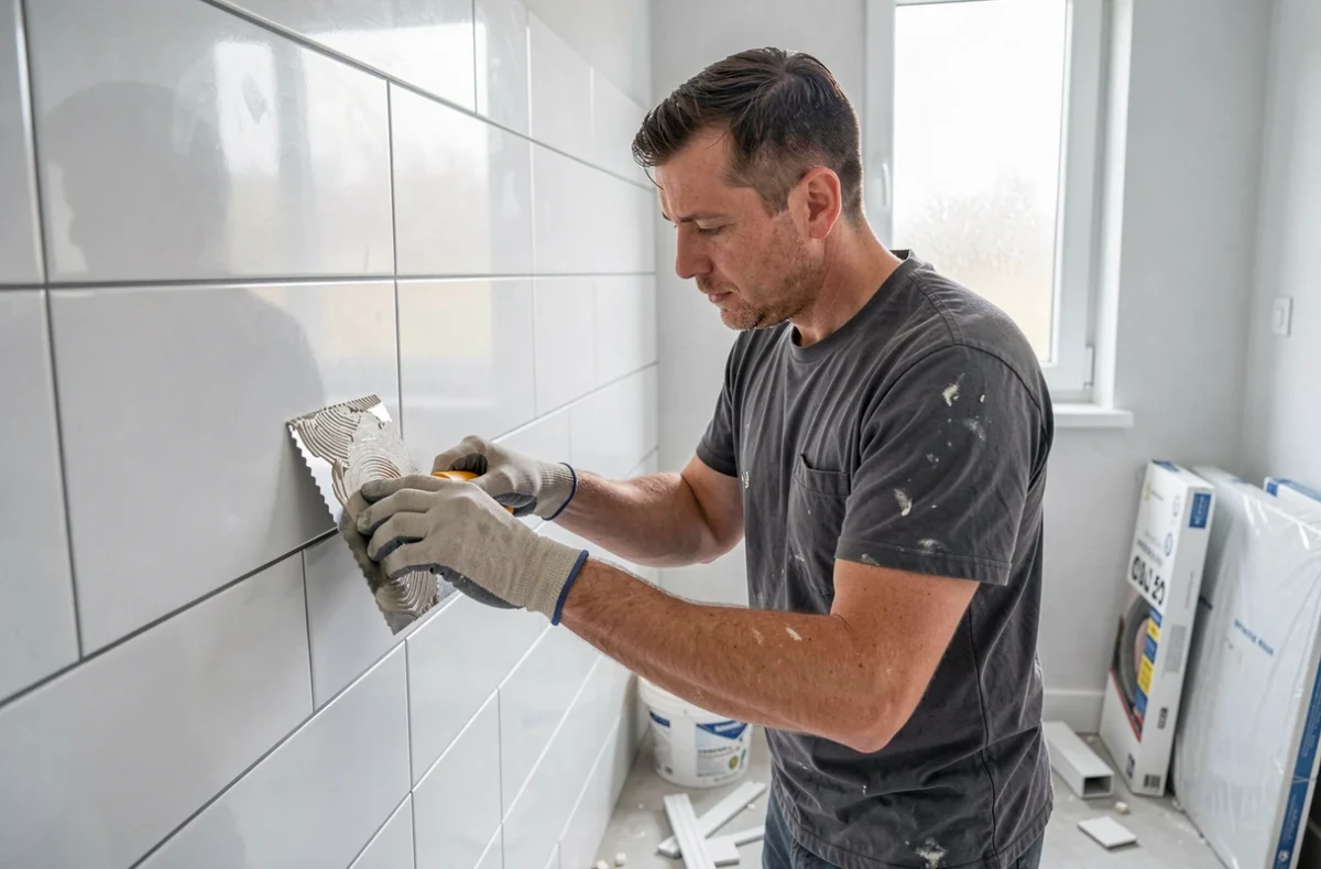 Artisan de RC Bâtiment posant du carrelage grand format dans une salle de bain en cours de rénovation