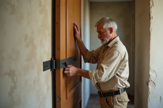 Artisan réglant une porte ancienne à 3 gonds sans vis dans un couloir rénové avec parquet en chevrons