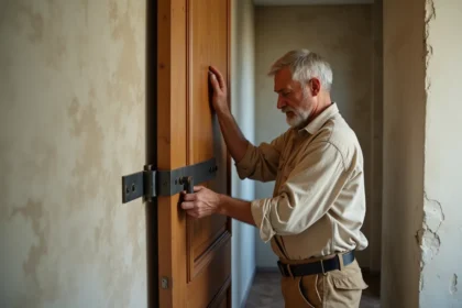 Artisan réglant une porte ancienne à 3 gonds sans vis dans un couloir rénové avec parquet en chevrons