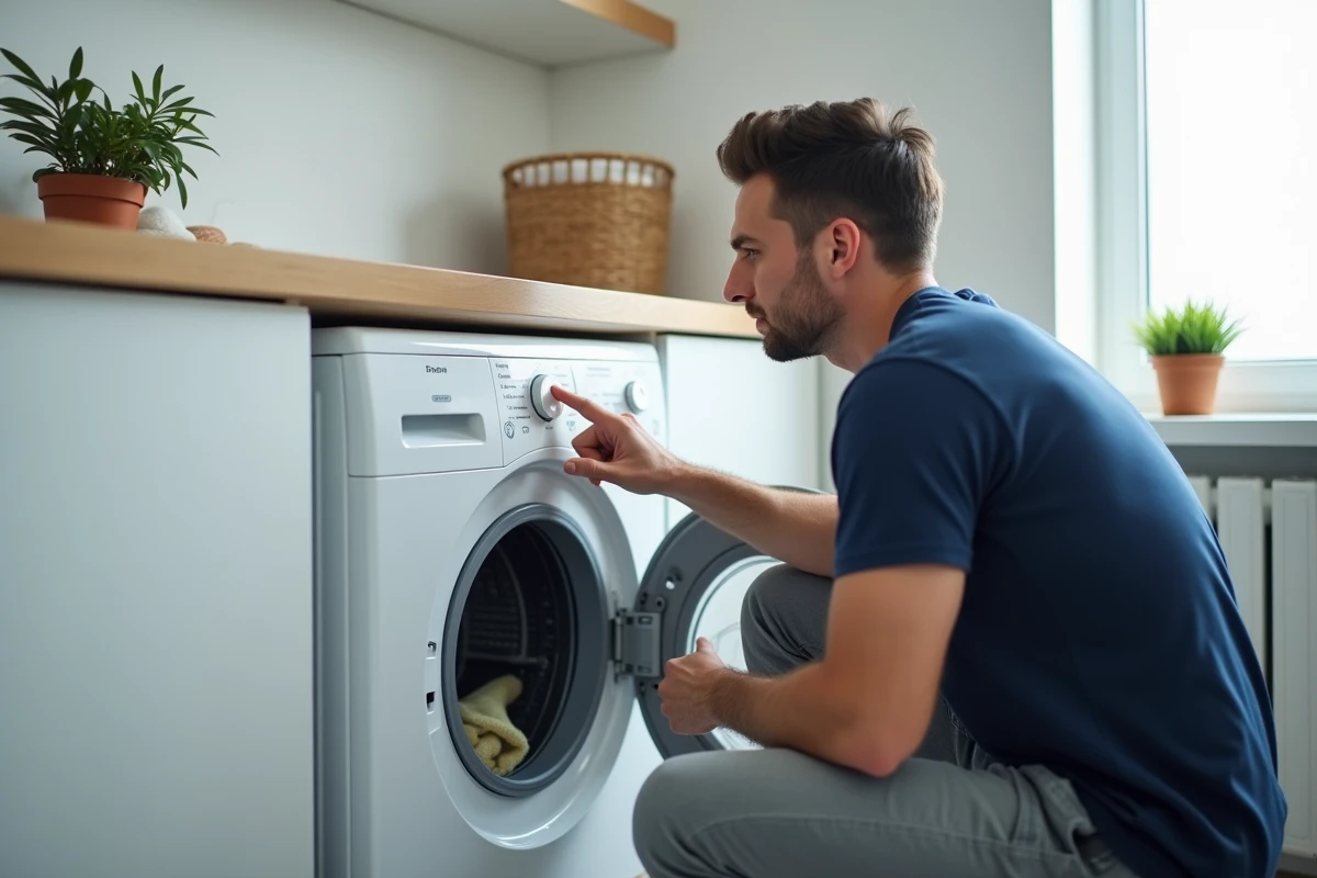 Homme réglant le programme sur le panneau de commande d'un lave-linge Whirlpool 9kg