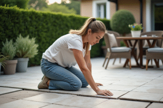 Femme posant des carreaux sur une terrasse extérieure