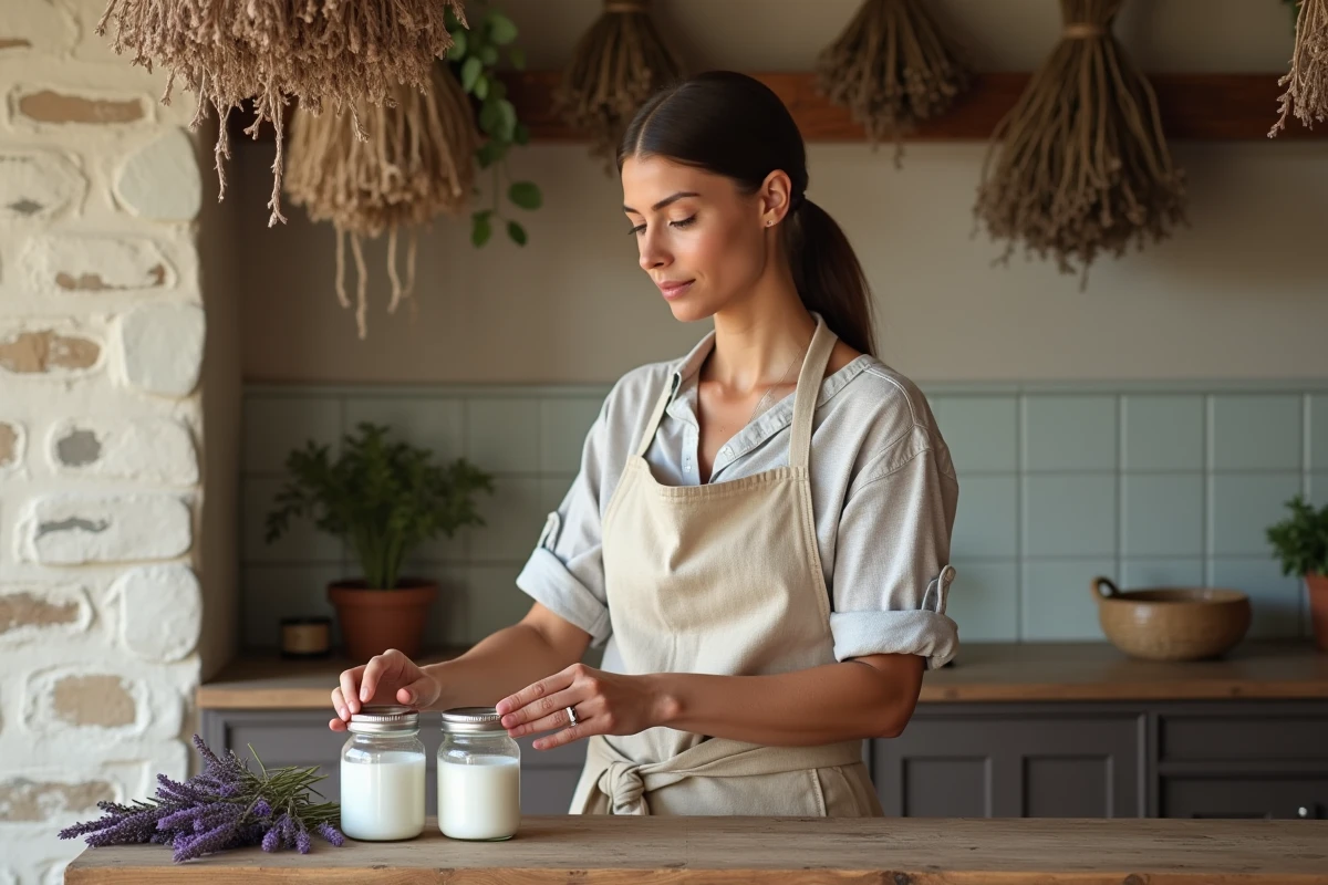 Femme préparant des répulsifs naturels contre les petites bêtes noires avec lavande et vinaigre blanc