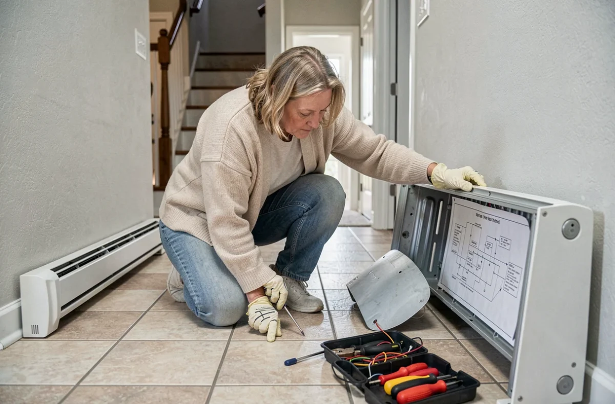 Femme consultant le schéma électrique d'un radiateur à plinthe avant de remplacer son câble