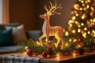 Scène féerique de Noël avec un renne décoratif lumineux en osier posé sur une console en bois rustique entourée de branches de pin et guirlandes lumineuses dorées
