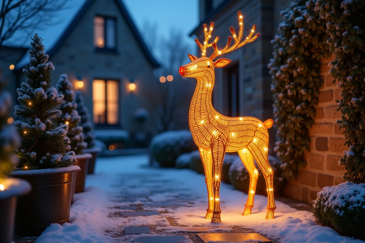 Renne décoratif lumineux en osier installé sur une terrasse enneigée au crépuscule entouré de sapins en pot et guirlandes lumineuses blanches pour une scène de Noël extérieure féerique
