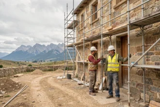 Chantier de rénovation d'un bâtiment en pierre dans les Pyrénées-Atlantiques avec des ouvriers sur échafaudage et les montagnes en arrière-plan
