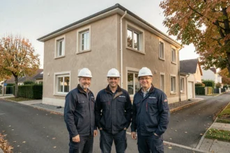 Équipe de professionnels de la rénovation devant une maison rénovée dans le Val-d'Oise