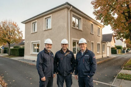 Équipe de professionnels de la rénovation devant une maison rénovée dans le Val-d'Oise